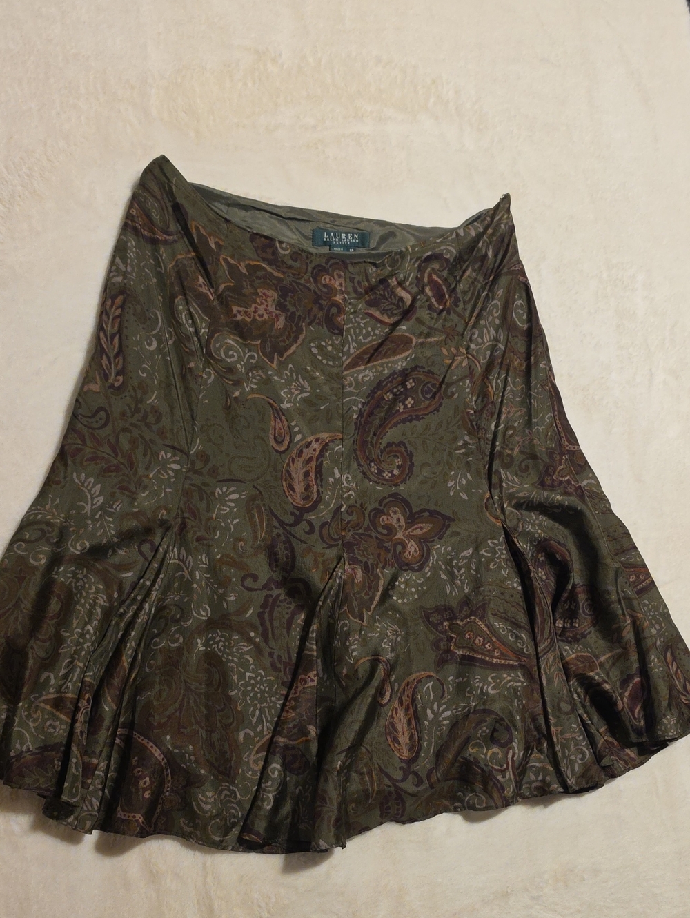 Lauren Ralph Lauren Petite 8P 100% Silk Olive Paisley A-Line Skirt